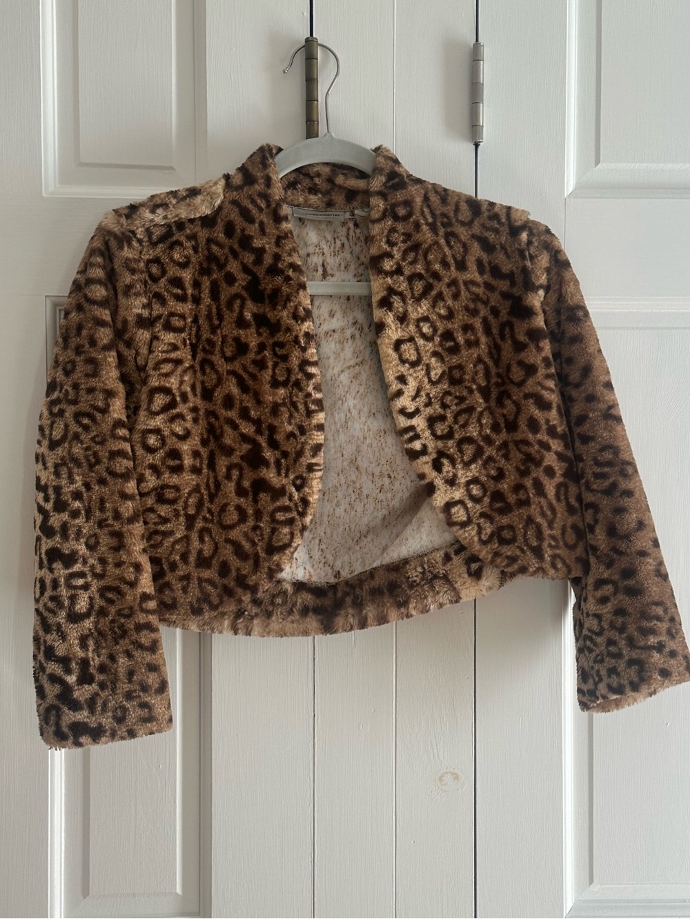 Leopard Print Faux Fur Cropped Teddy Jacket - Brown